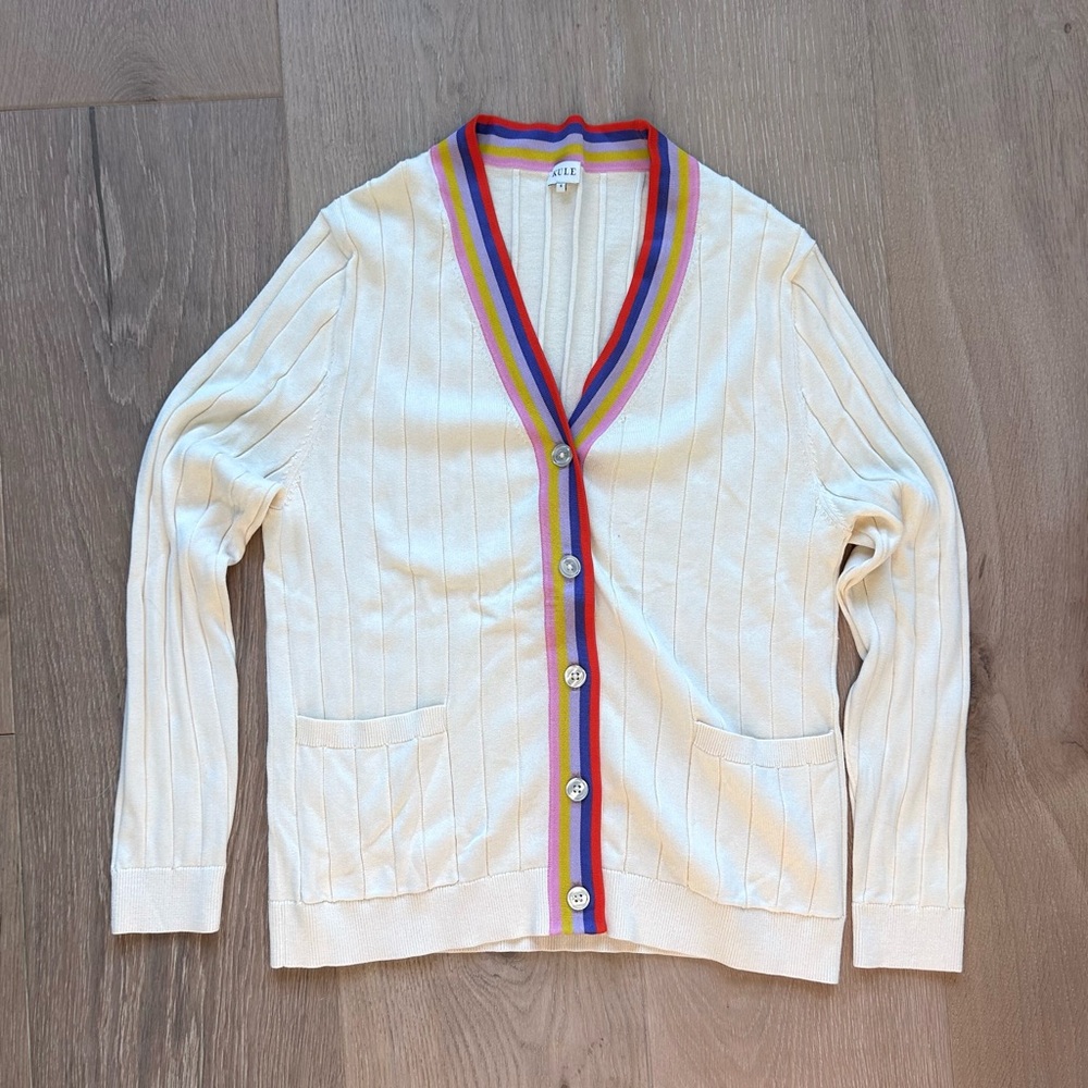 Kule cream cardigan with purple mustard and poppy stripes